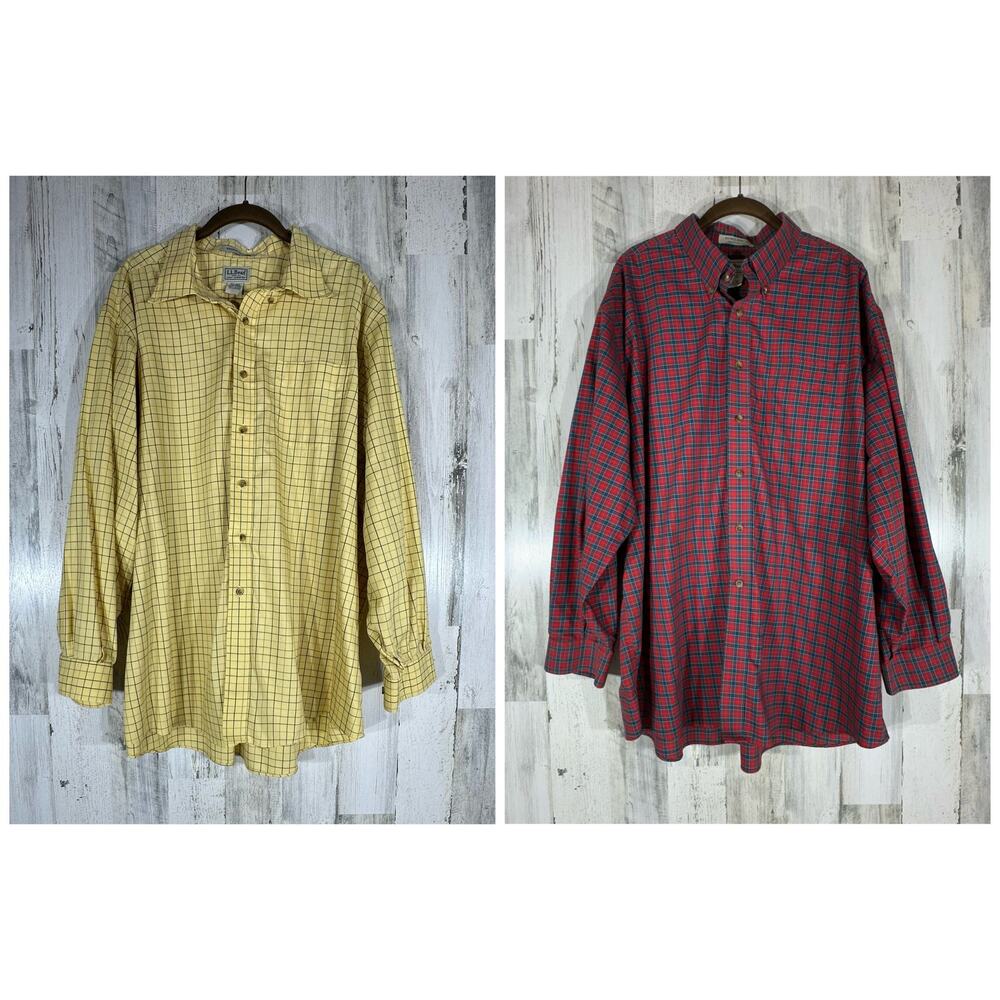 LL Bean Button Up Shirts Size XXL Regular Lot of 2 Yellow Red Plaid Cotton READ